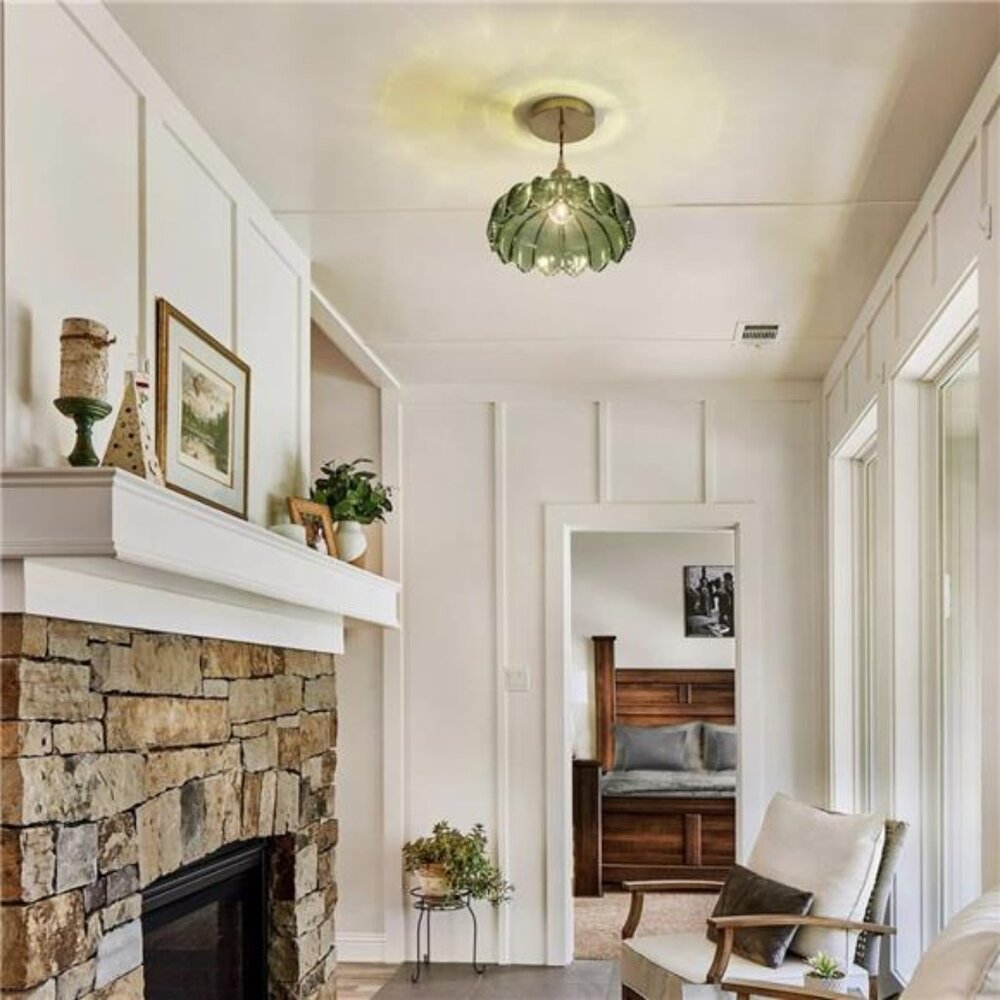 NEW West Elm Vintage Green Retro Glass Hanging Gold Floral Pendant Light Fixture - Picture 9 of 12